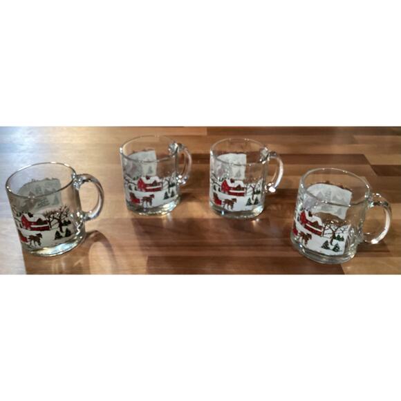 Vintage Set Of 4 Libbey Currier & Ives Christmas Glass Mugs Winter Snow Scene - Picture 4 of 11